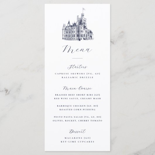 Elegante Kasteeltekening Bestemming Huwelijk  Menu (Voorkant)