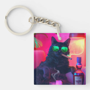 Elegante Kat Drinkt Whiskey Grappige Bar Sleutelhanger
