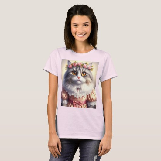 Elegante kat in roze Victoriaans jurkje T-shirt (Voorkant volledig)