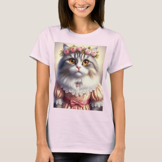 Elegante kat in roze Victoriaans jurkje T-shirt (Voorkant)