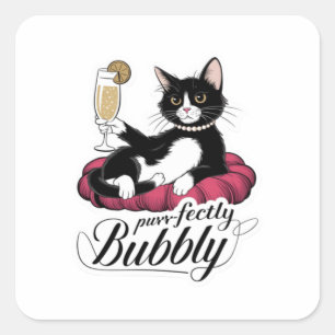 Elegante kat met Franse 75 cocktail – Classy & Sas Vierkante Sticker