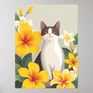 Elegante kat met gele plumeria bloemen poster