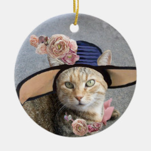 ELEGANTE KAT MET GROOT DIVAHOED,ROZE ROZEN Valenti Keramisch Ornament