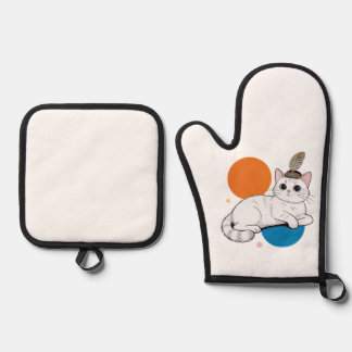Elegante kat met pauwenveer hoofdtooi ovenwant & pannenlap set