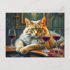 Elegante kat met rode wijnglazen briefkaart