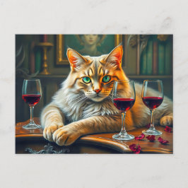 Elegante kat met rode wijnglazen briefkaart
