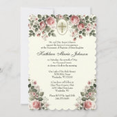 Elegante Katholieke Bloemen Rozen Doop Kaart (Voorkant)