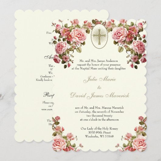 Elegante katholieke bloemrijke bruiloft en recepti kaart (Voorkant / Achterkant)