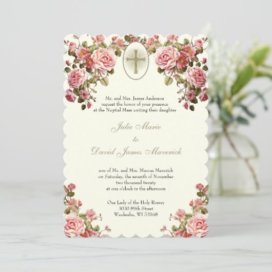 Elegante katholieke bloemrijke bruiloft en recepti kaart (Staand voorkant)