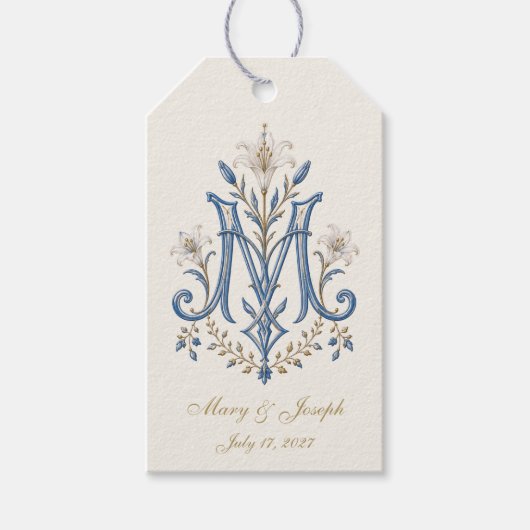 Elegante katholieke Maria-monogram bloemig Cadeaulabel (Voorkant)