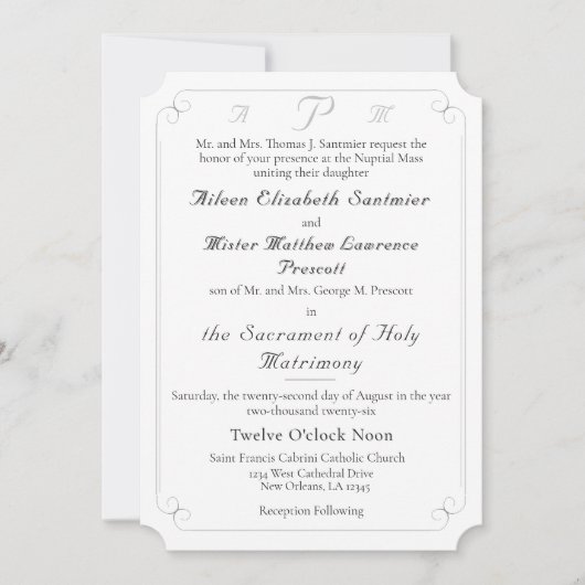 Elegante Katholieke Monogrammed Huwelijksuitnodigi Kaart (Voorkant)