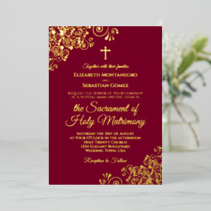Elegante katholieke trouw burgundy & goud folie uitnodiging