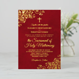 Elegante katholieke trouw crimsonrood & goud folie uitnodiging