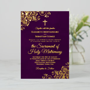 Elegante katholieke trouwkaart pruim paars & goud folie uitnodiging