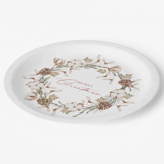 Elegante katoen en Pinecone kerstkrans Papieren Bordje (Gekanteld)