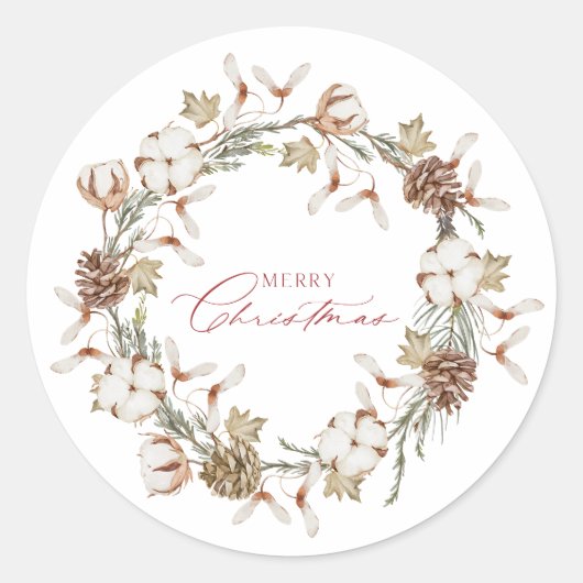 Elegante katoen en Pinecone kerstkrans Ronde Sticker (Voorkant)