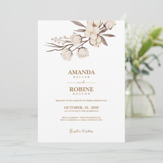 Elegante katoenen bloem bruiloft uitnodiging (Staand voorkant)