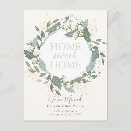 Elegante katoenen krans wit bewegen aankondigingskaart (Voorkant)