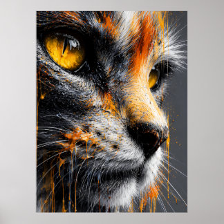 Elegante katportret in levendig oranje en grijs poster