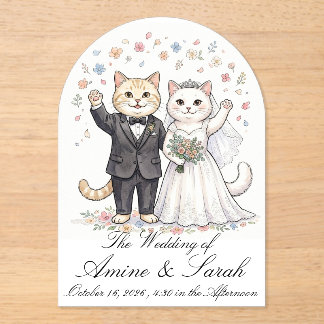Elegante kattenkoppel trouwuitnodiging aanpasbaar acryl uitnodigingen