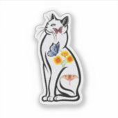 Elegante kattenschets met vlinders en bloem sticker (Voorkant)
