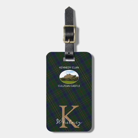 Elegante Kennedy Clan Tartan Monogrammed Bagagelabel (Voorkant verticaal)