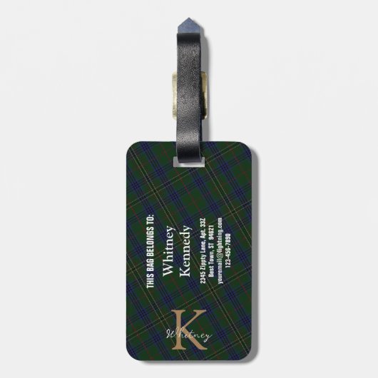 Elegante Kennedy Clan Tartan Monogrammed Bagagelabel (Achterkant verticaal)