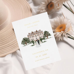 Elegante Kerk Aquarel Locatie Landhuis Bruiloft Op Folie Uitnodiging