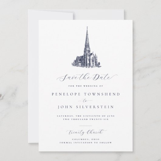 Elegante kerk illustratie formele bruiloft save the date (Voorkant)