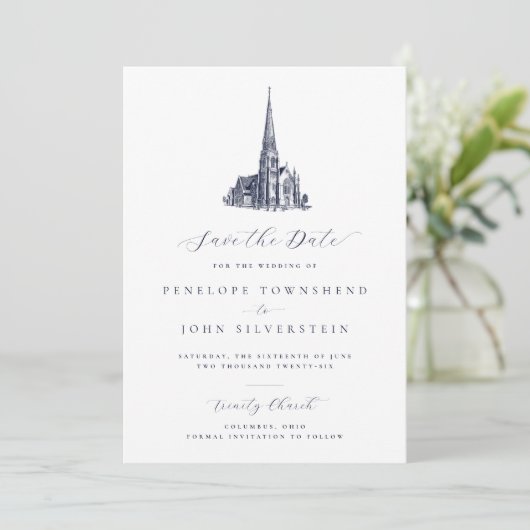 Elegante kerk illustratie formele bruiloft save the date (Staand voorkant)