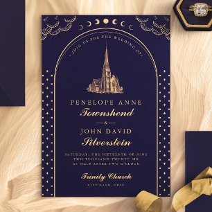 Elegante kerk paars goud Art Deco bruiloft Kaart