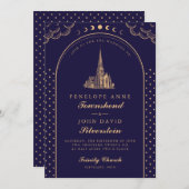 Elegante kerk Paarse gouden art deco bruiloft Kaart (Voorkant / Achterkant)