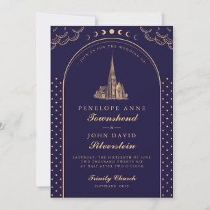 Elegante kerk Paarse gouden art deco bruiloft Kaart