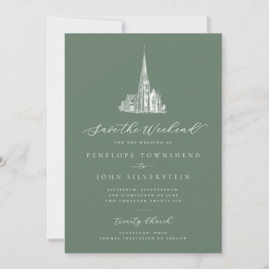 Elegante kerk Save the Weekend Sage groene trouwka Date (Voorkant)