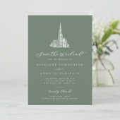 Elegante kerk Save the Weekend Sage groene trouwka Date (Staand voorkant)