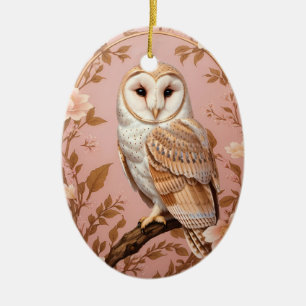 Elegante Kerkuil Roze en Gouden Bloemig  Keramisch Ornament