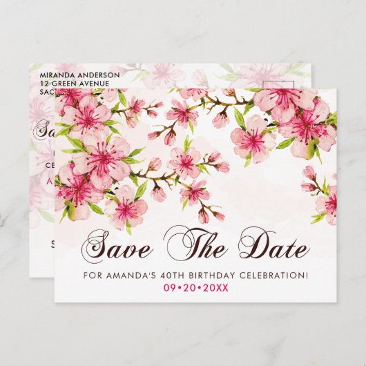 Elegante Kersenbloesem 40e Verjaardag Save The Dat Briefkaart (Voorkant / Achterkant)