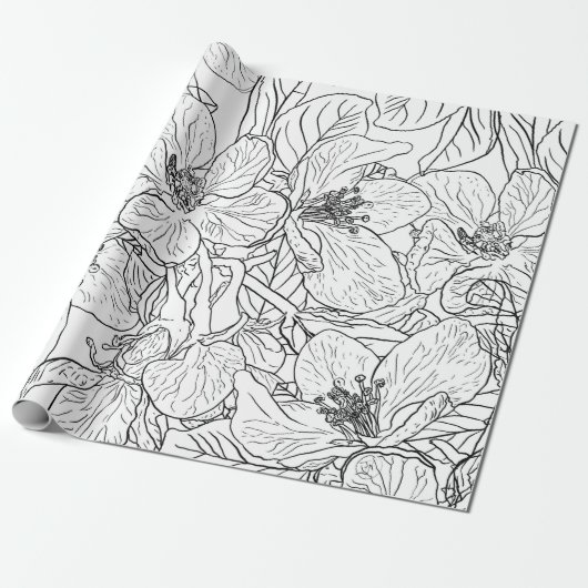 Elegante kersenbloesem bloemen zwart wit botanisch cadeaupapier (Uitgerold)