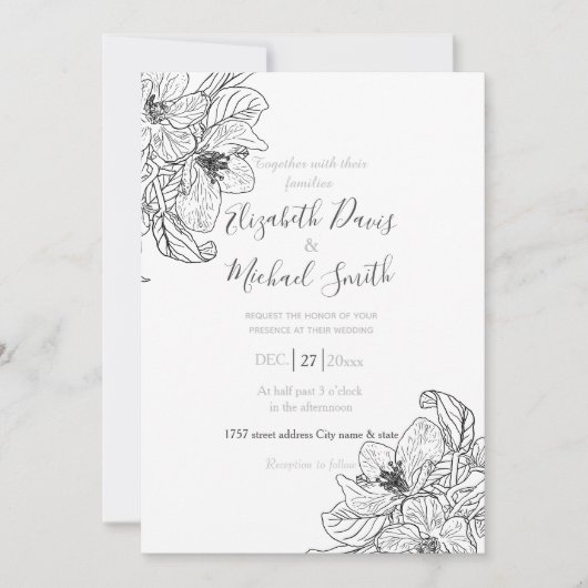 Elegante kersenbloesem bloemen zwart wit botanisch kaart (Voorkant)