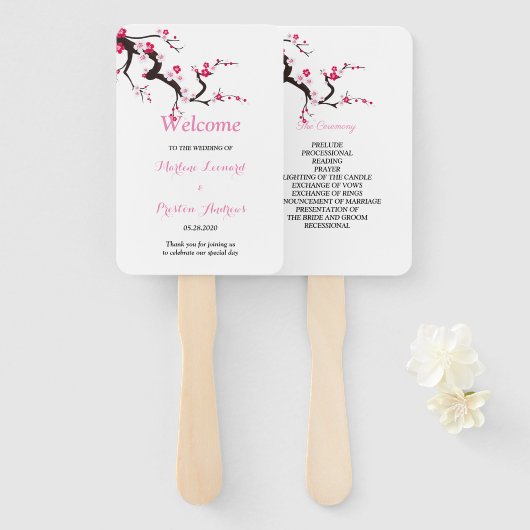 Elegante kersenbloesem bloemenbruiloft programma handwaaier (Voorkant en achterkant)