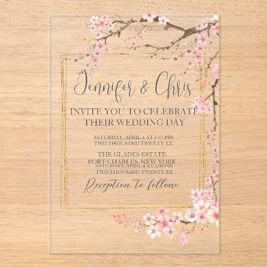 Elegante kersenbloesem bruiloft acryl uitnodigingen (Voorkant)