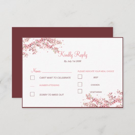 Elegante kersenbloesem bruiloft RSVP kaartje (Voorkant / Achterkant)