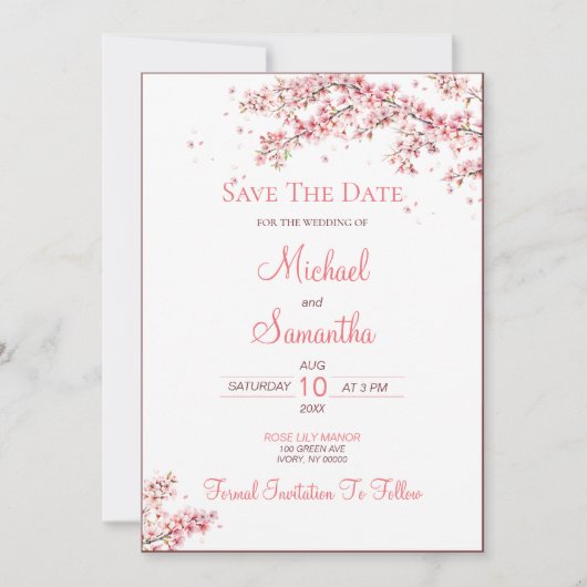 Elegante kersenbloesem bruiloft save the date (Voorkant)