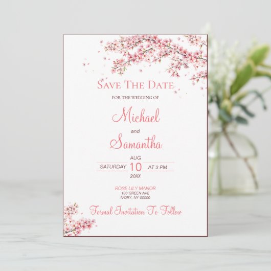 Elegante kersenbloesem bruiloft save the date (Staand voorkant)