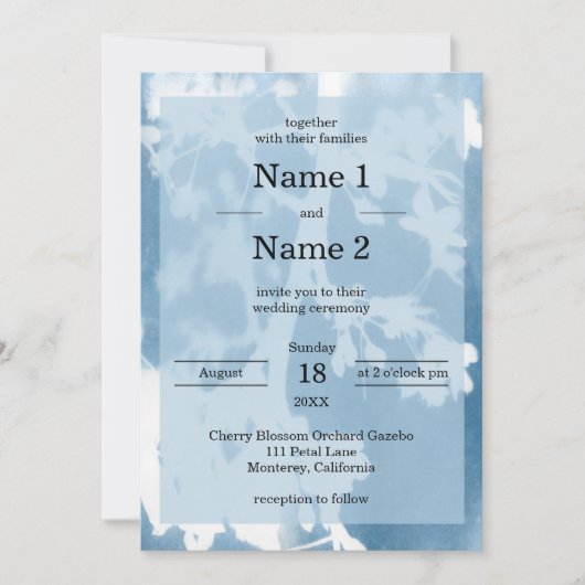 Elegante kersenbloesem cyanotype bruiloft uitnodig kaart (Voorkant)
