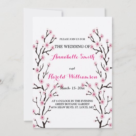 Elegante Kersenbloesem Roze Bloemen Huwelijk Kaart (Voorkant)