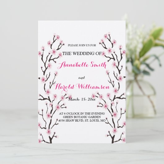 Elegante Kersenbloesem Roze Bloemen Huwelijk Kaart (Staand voorkant)