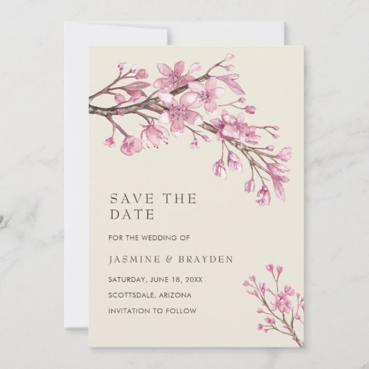Elegante Kersenbloesem Roze Bloemige Bruiloft Save The Date (Voorkant)