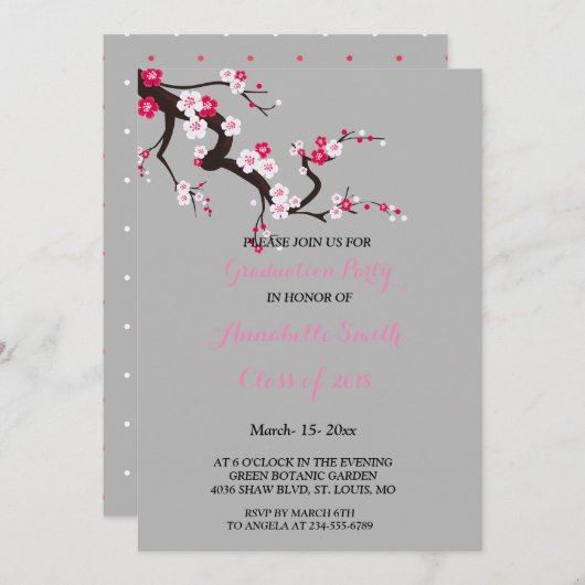 Elegante kersenbloesem roze wit afstudeerfeest kaart (Voorkant / Achterkant)