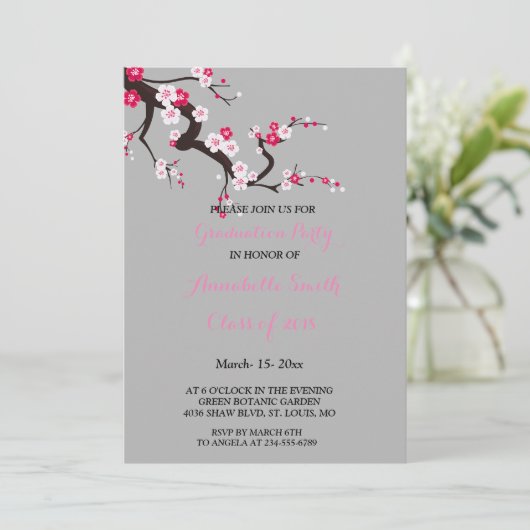 Elegante kersenbloesem roze wit afstudeerfeest kaart (Staand voorkant)